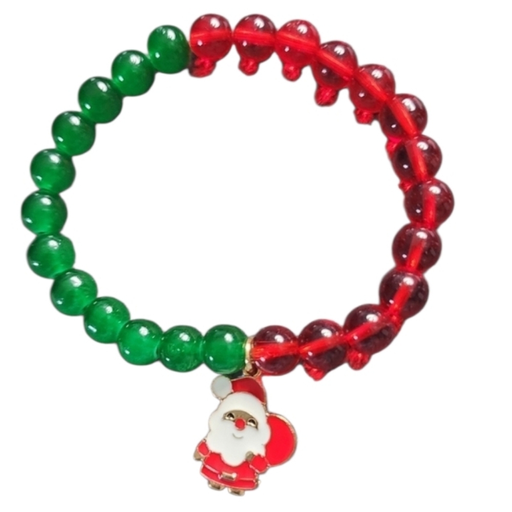 💥4 For $20💥Festive Red and Green Beaded Stretch Bracelet with Santa Charm